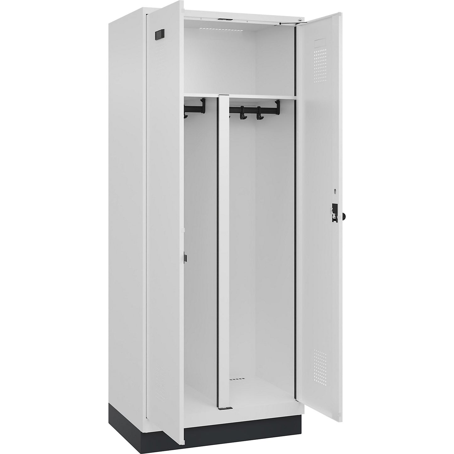 Evolo PLUS clean and dirty locker, 1 compartment, shortened centre divider, white, W 800 mm, with base plinth, security rotary bolt.