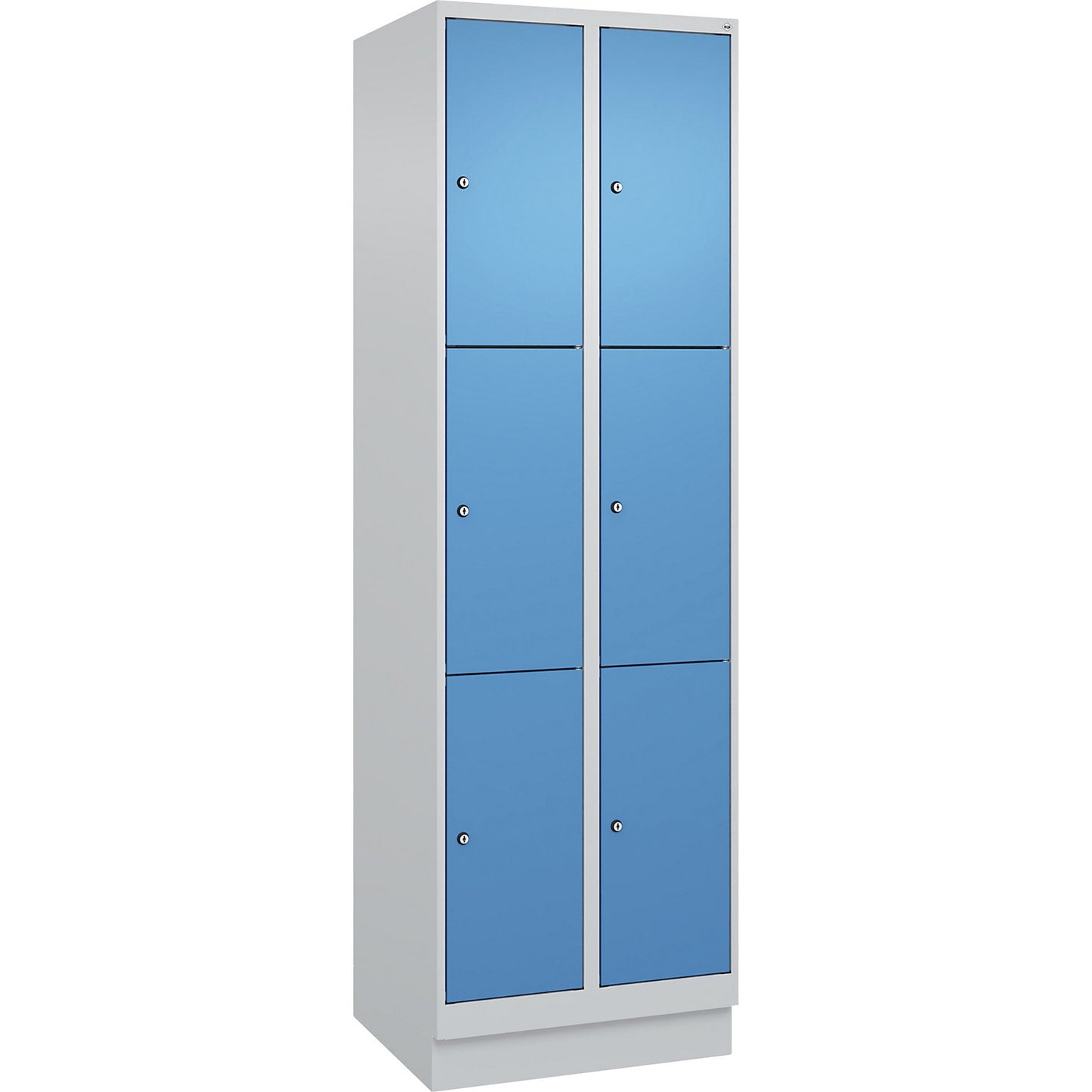 Evolo PLUS 3-fold compartment locker, 2 compartments, light grey / light blue, W 600 mm, 6 compartments, with base plinth, cylinder lock.