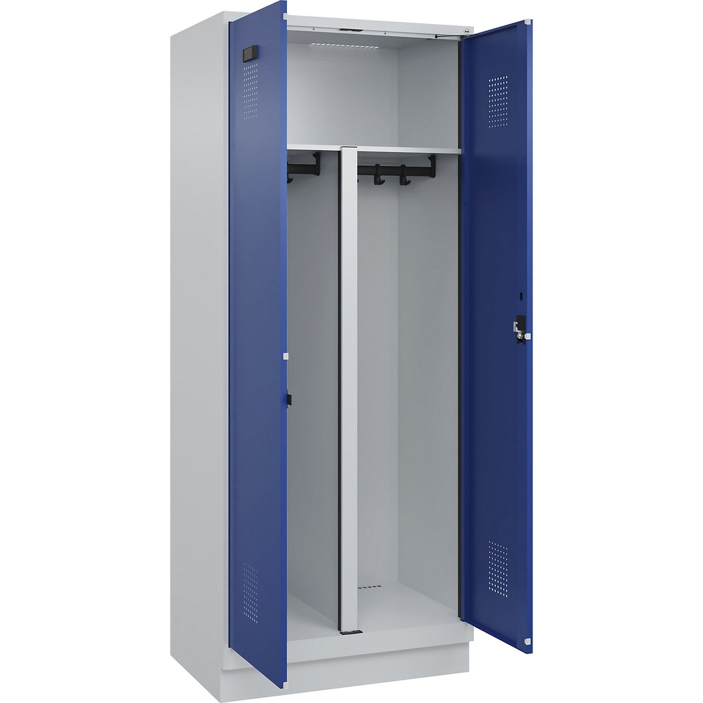 Evolo PLUS clean and dirty locker, 1 compartment, shortened centre divider, light grey / gentian blue, W 800 mm, with base plinth, cylinder lock.