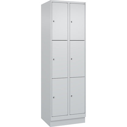Evolo PLUS 3-fold compartment locker, 2 compartments, light grey, W 600 mm, 6 compartments, with base plinth, cylinder lock.
