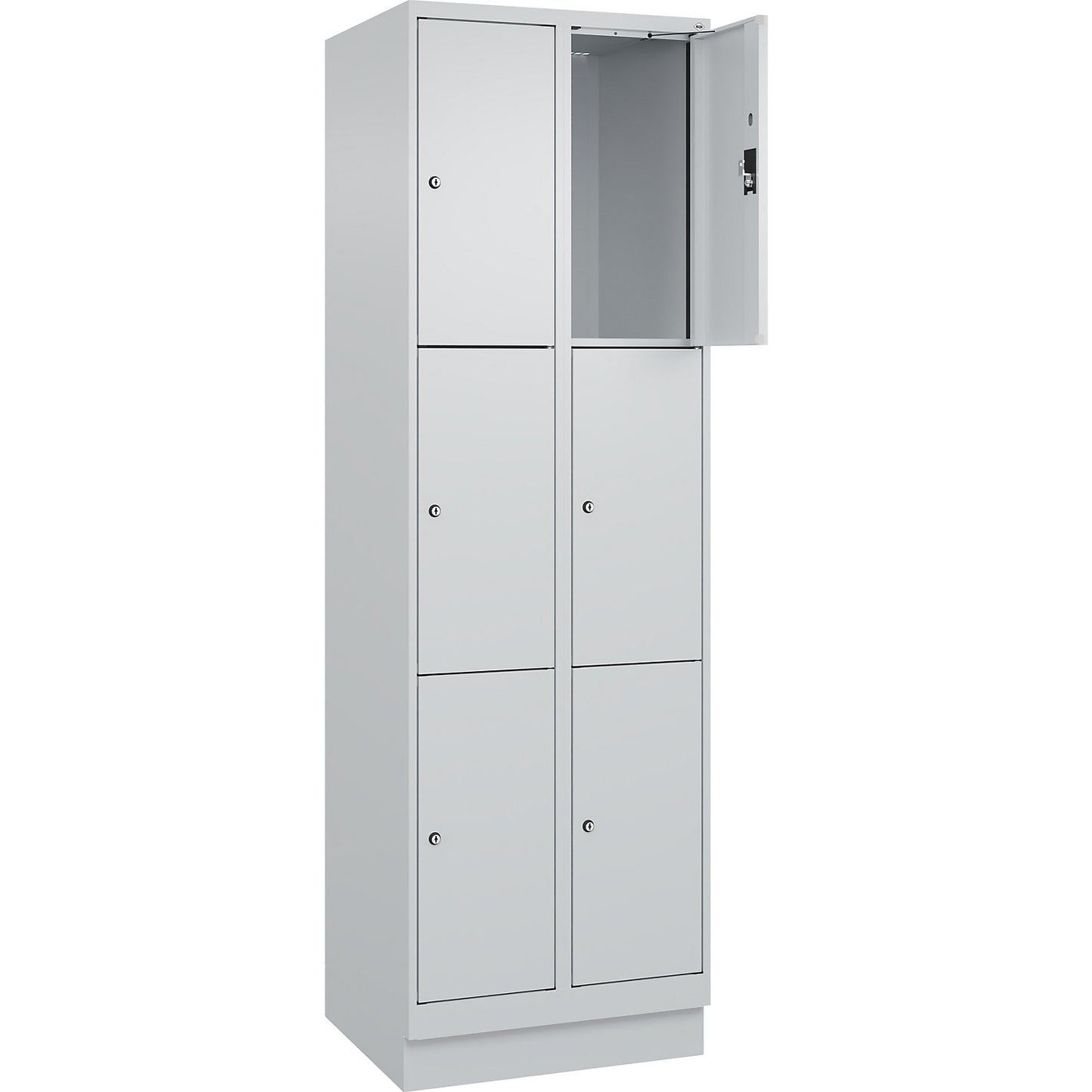 Evolo PLUS 3-fold compartment locker, 2 compartments, light grey, W 600 mm, 6 compartments, with base plinth, cylinder lock.