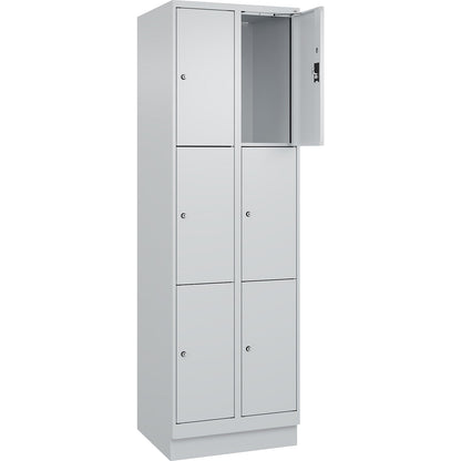 Evolo PLUS 3-fold compartment locker, 2 compartments, light grey, W 600 mm, 6 compartments, with base plinth, cylinder lock.