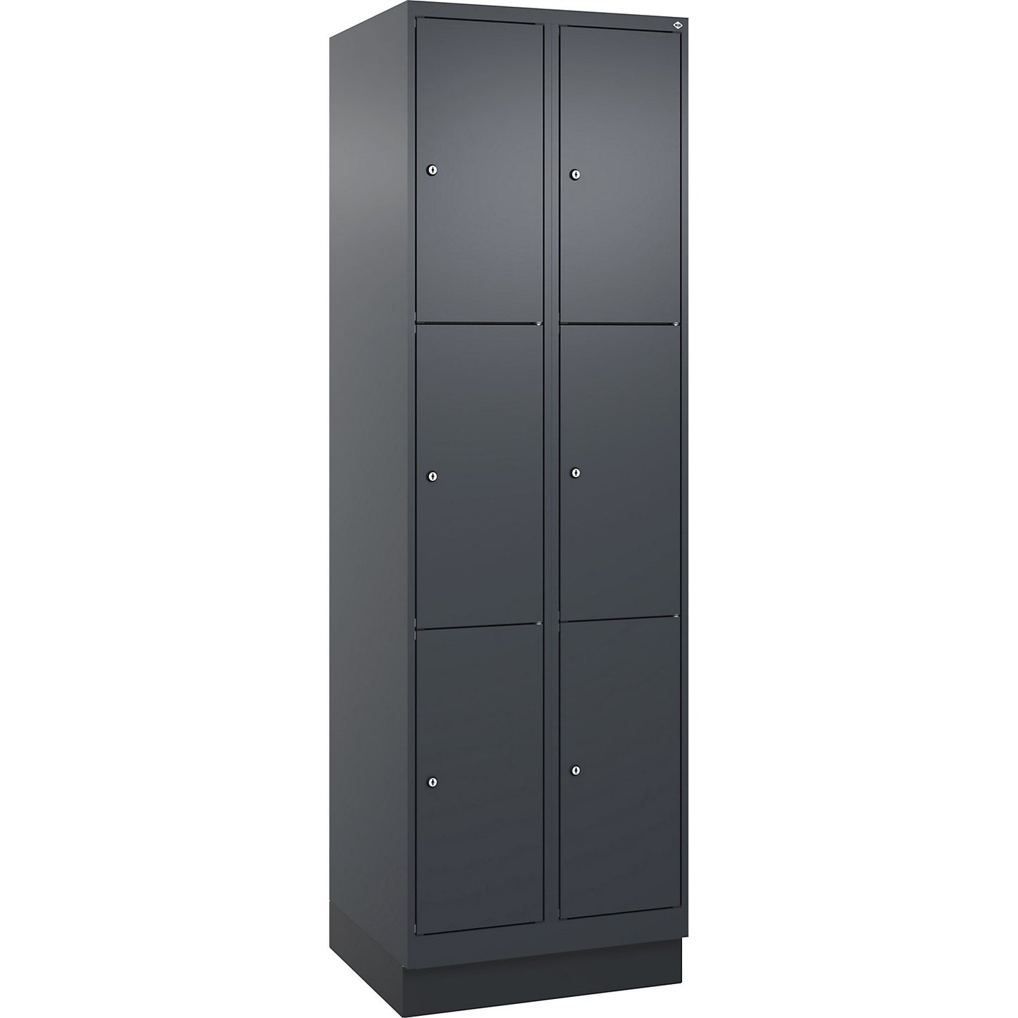 Evolo PLUS 3-fold compartment locker, 2 compartments, grey, W 600 mm, 6 compartments, with base plinth, cylinder lock.