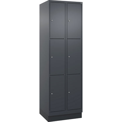 Evolo PLUS 3-fold compartment locker, 2 compartments, grey, W 600 mm, 6 compartments, with base plinth, cylinder lock.