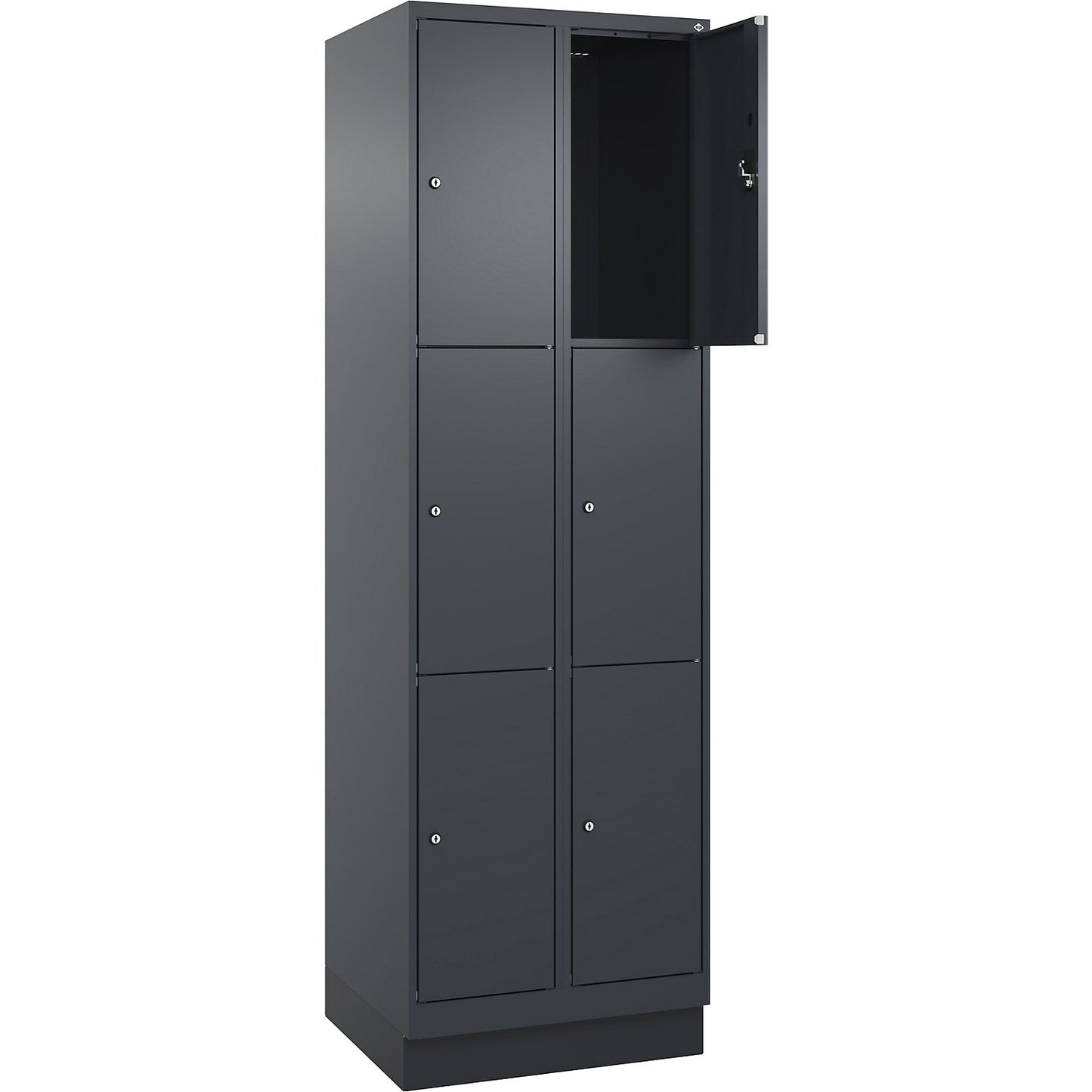 Evolo PLUS 3-fold compartment locker, 2 compartments, grey, W 600 mm, 6 compartments, with base plinth, cylinder lock.