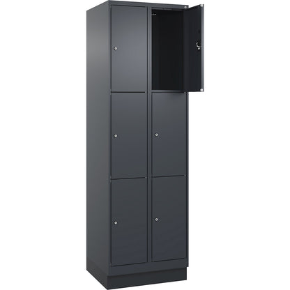 Evolo PLUS 3-fold compartment locker, 2 compartments, grey, W 600 mm, 6 compartments, with base plinth, cylinder lock.