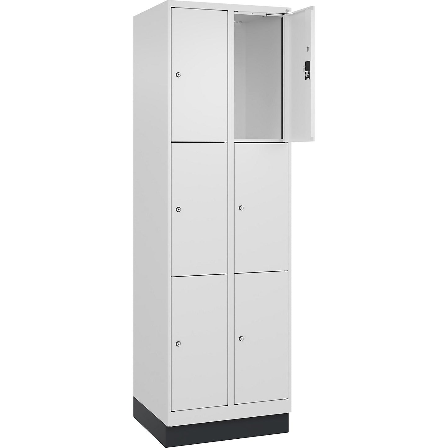 Evolo PLUS 3-fold compartment locker, 2 compartments, white, W 600 mm, 6 compartments, with base plinth, cylinder lock.