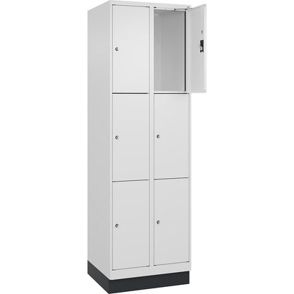 Evolo PLUS 3-fold compartment locker, 2 compartments, white, W 600 mm, 6 compartments, with base plinth, cylinder lock.