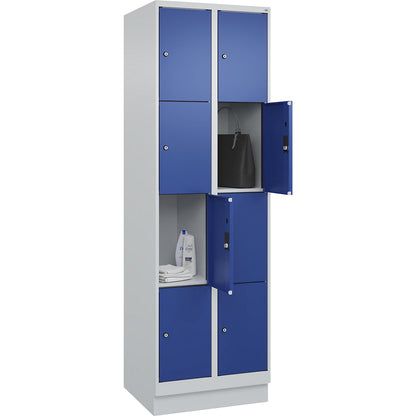 Evolo PLUS 4-fold compartment locker, 2 compartments, light grey / gentian blue, W 600 mm, 8 compartments, with base plinth, cylinder lock.