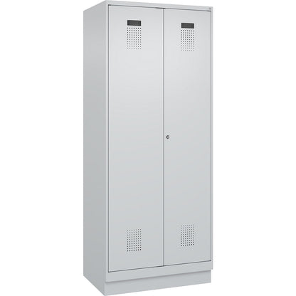 Evolo PLUS clean and dirty locker, 1 compartment, shortened centre divider, light grey, W 800 mm, with base plinth, cylinder lock.