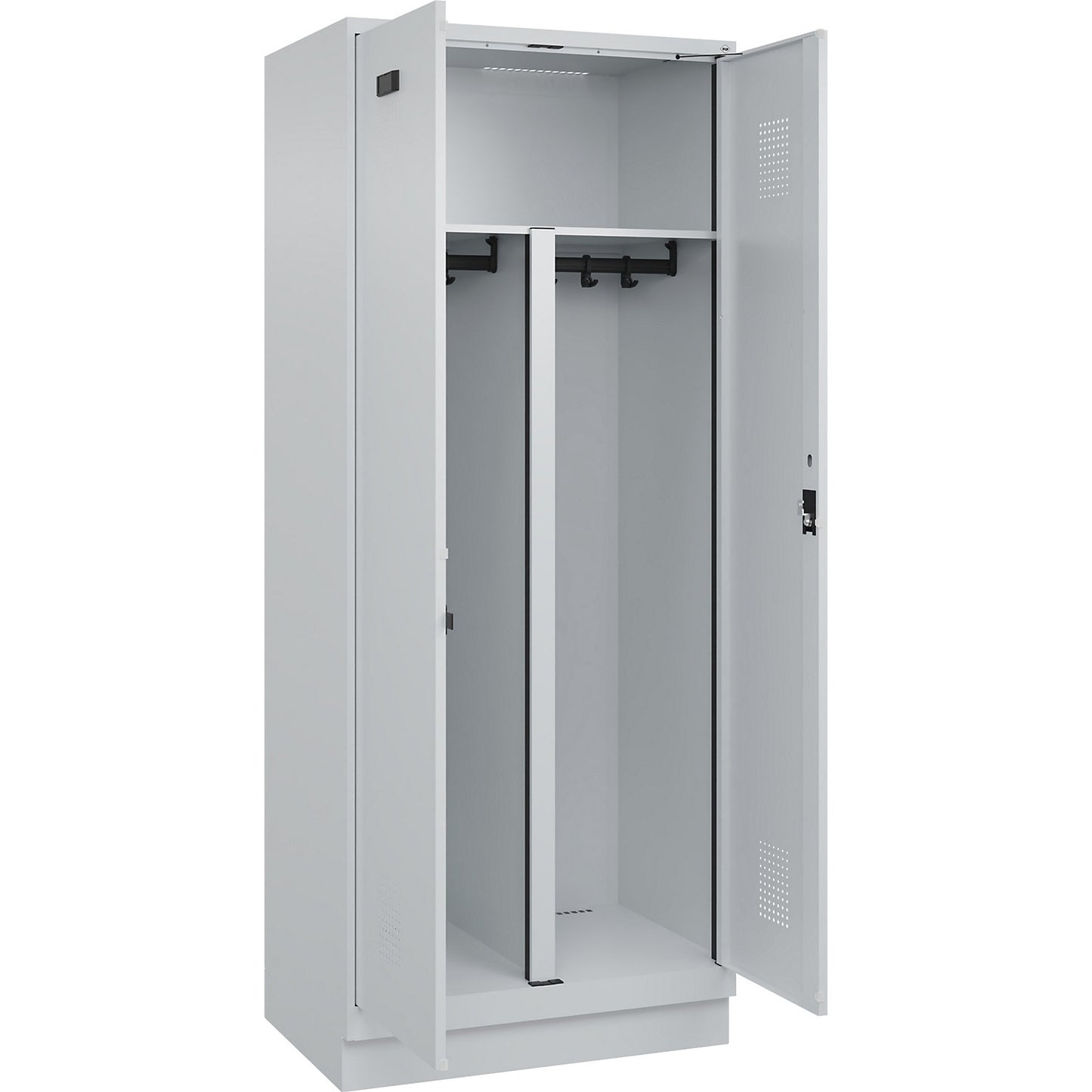 Evolo PLUS clean and dirty locker, 1 compartment, shortened centre divider, light grey, W 800 mm, with base plinth, cylinder lock.