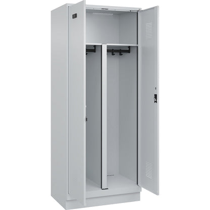 Evolo PLUS clean and dirty locker, 1 compartment, shortened centre divider, light grey, W 800 mm, with base plinth, cylinder lock.