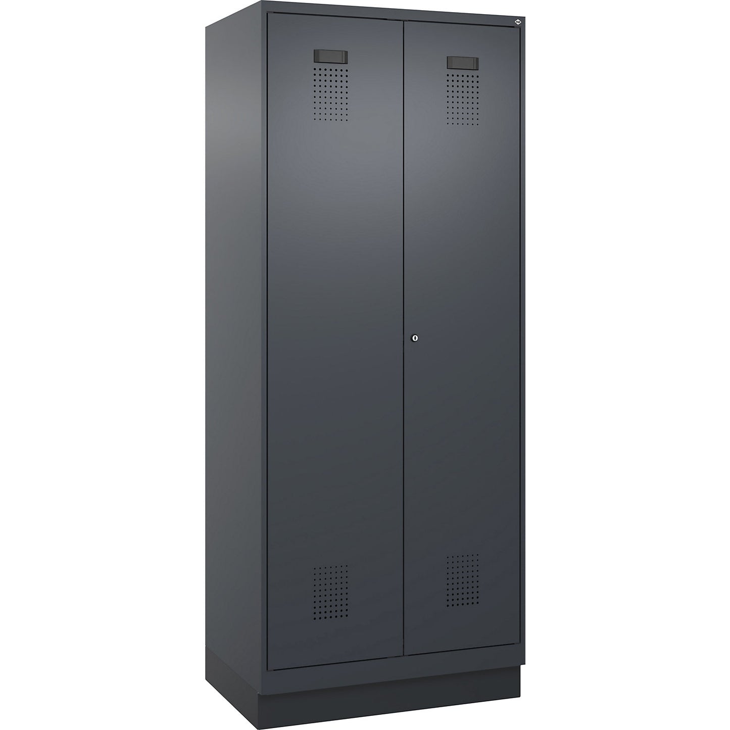 Evolo PLUS clean and dirty locker, 1 compartment, shortened centre divider, grey, W 800 mm, with base plinth, cylinder lock.