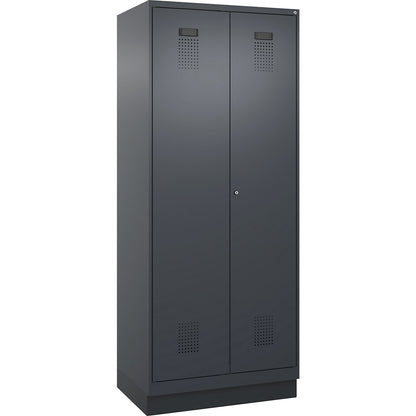 Evolo PLUS clean and dirty locker, 1 compartment, shortened centre divider, grey, W 800 mm, with base plinth, cylinder lock.