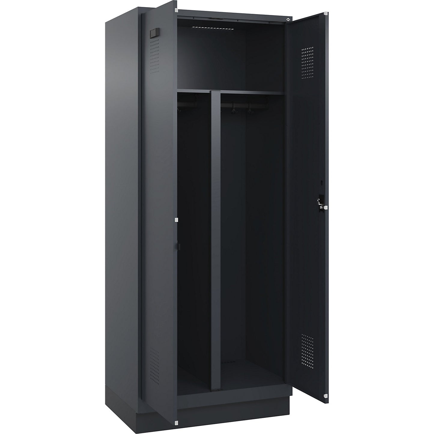 Evolo PLUS clean and dirty locker, 1 compartment, shortened centre divider, grey, W 800 mm, with base plinth, cylinder lock.