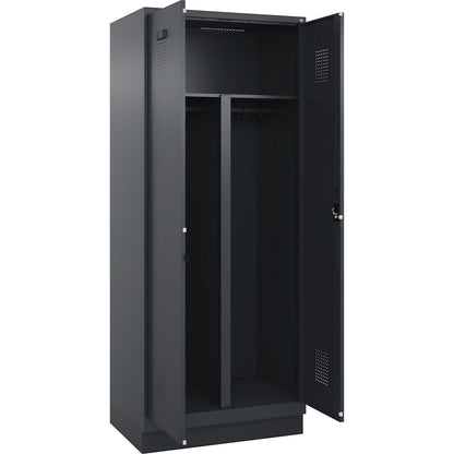 Evolo PLUS clean and dirty locker, 1 compartment, shortened centre divider, grey, W 800 mm, with base plinth, cylinder lock.