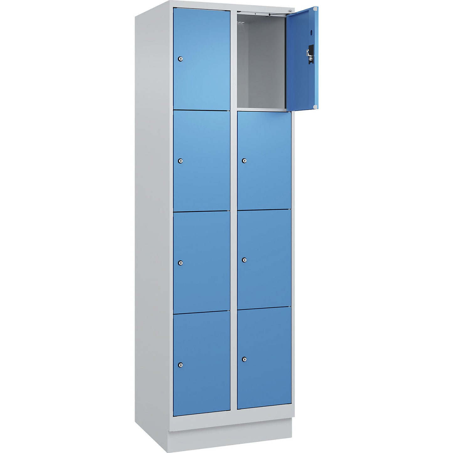 Evolo PLUS 4-fold compartment locker, 2 compartments, light grey / light blue, W 600 mm, 8 compartments, with base plinth, cylinder lock.