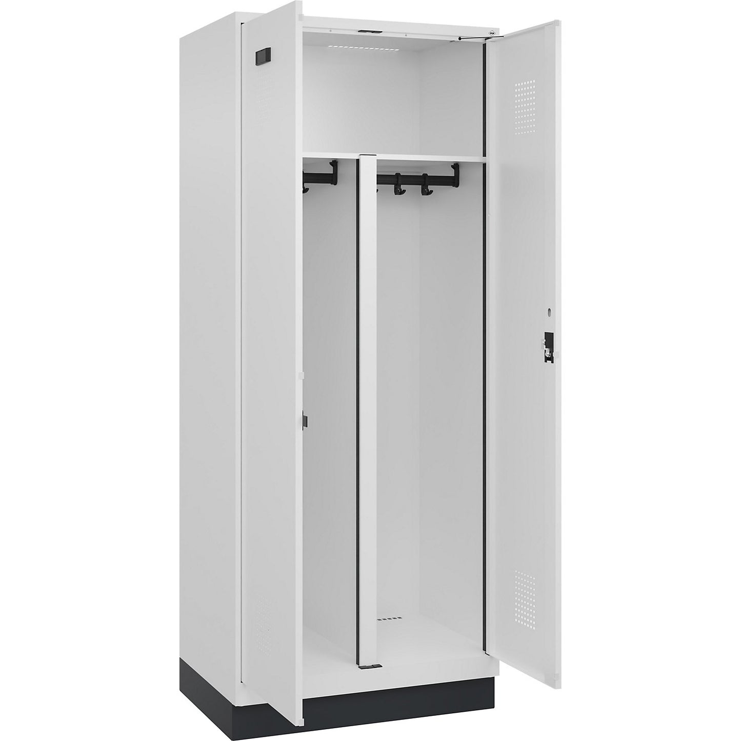 Evolo PLUS clean and dirty locker, 1 compartment, shortened centre divider, white, W 800 mm, with base plinth, cylinder lock.