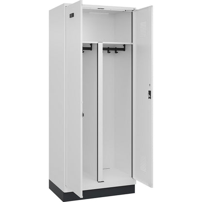 Evolo PLUS clean and dirty locker, 1 compartment, shortened centre divider, white, W 800 mm, with base plinth, cylinder lock.