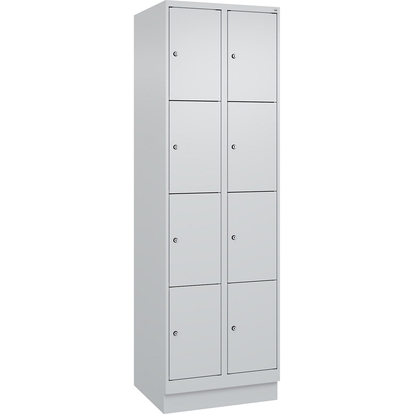 Evolo PLUS 4-fold compartment locker, 2 compartments, light grey, W 600 mm, 8 compartments, with base plinth, cylinder lock.