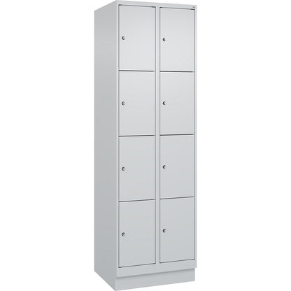 Evolo PLUS 4-fold compartment locker, 2 compartments, light grey, W 600 mm, 8 compartments, with base plinth, cylinder lock.