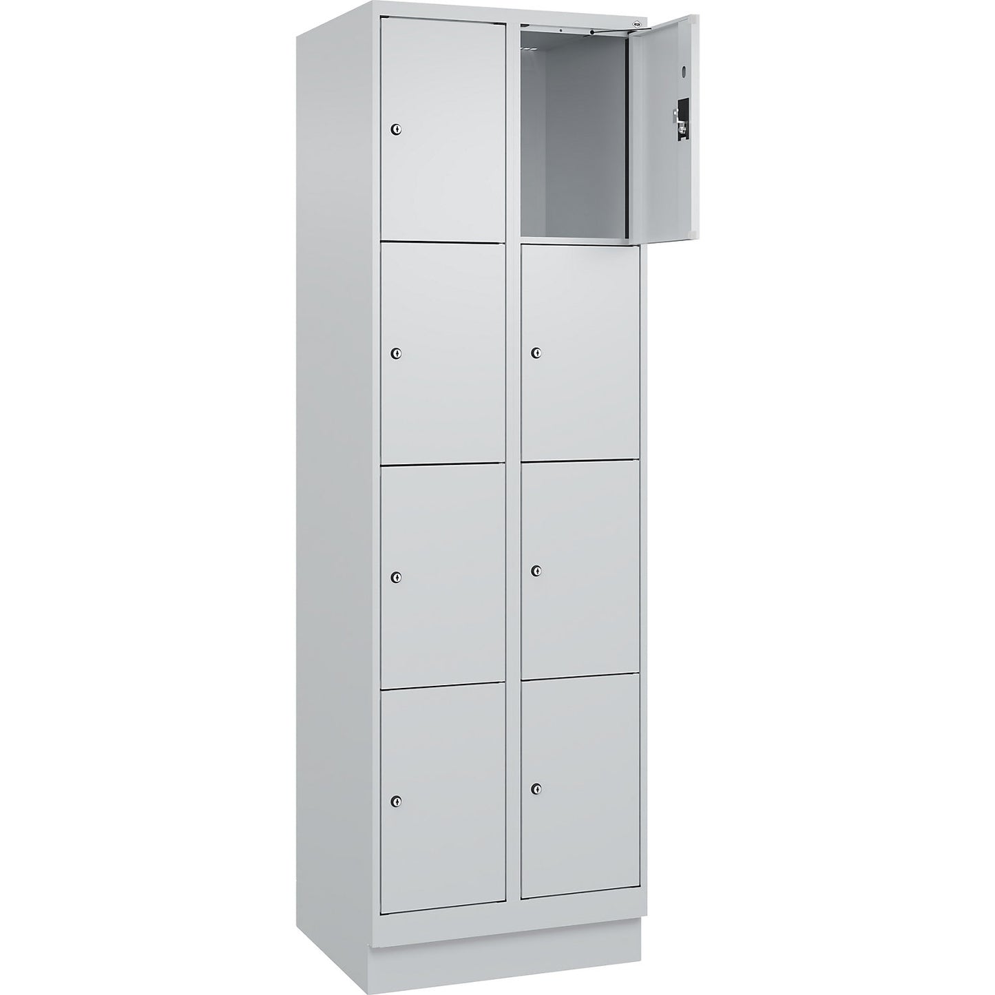 Evolo PLUS 4-fold compartment locker, 2 compartments, light grey, W 600 mm, 8 compartments, with base plinth, cylinder lock.