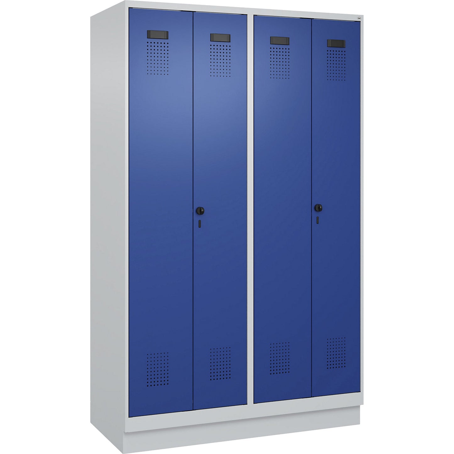 Evolo PLUS clean and dirty locker, 2 compartments, shortened centre divider, light grey / gentian blue, W 1200 mm, with base plinth, security rotary bolt.