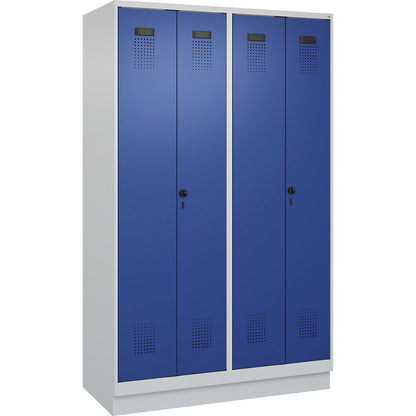 Evolo PLUS clean and dirty locker, 2 compartments, shortened centre divider, light grey / gentian blue, W 1200 mm, with base plinth, security rotary bolt.