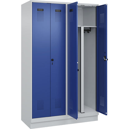 Evolo PLUS clean and dirty locker, 2 compartments, shortened centre divider, light grey / gentian blue, W 1200 mm, with base plinth, security rotary bolt.