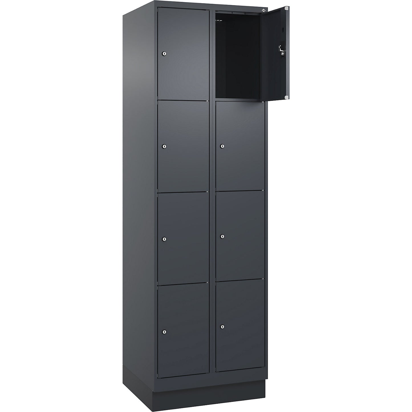 Evolo PLUS 4-fold compartment locker, 2 compartments, grey, W 600 mm, 8 compartments, with base plinth, cylinder lock.