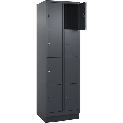 Evolo PLUS 4-fold compartment locker, 2 compartments, grey, W 600 mm, 8 compartments, with base plinth, cylinder lock.