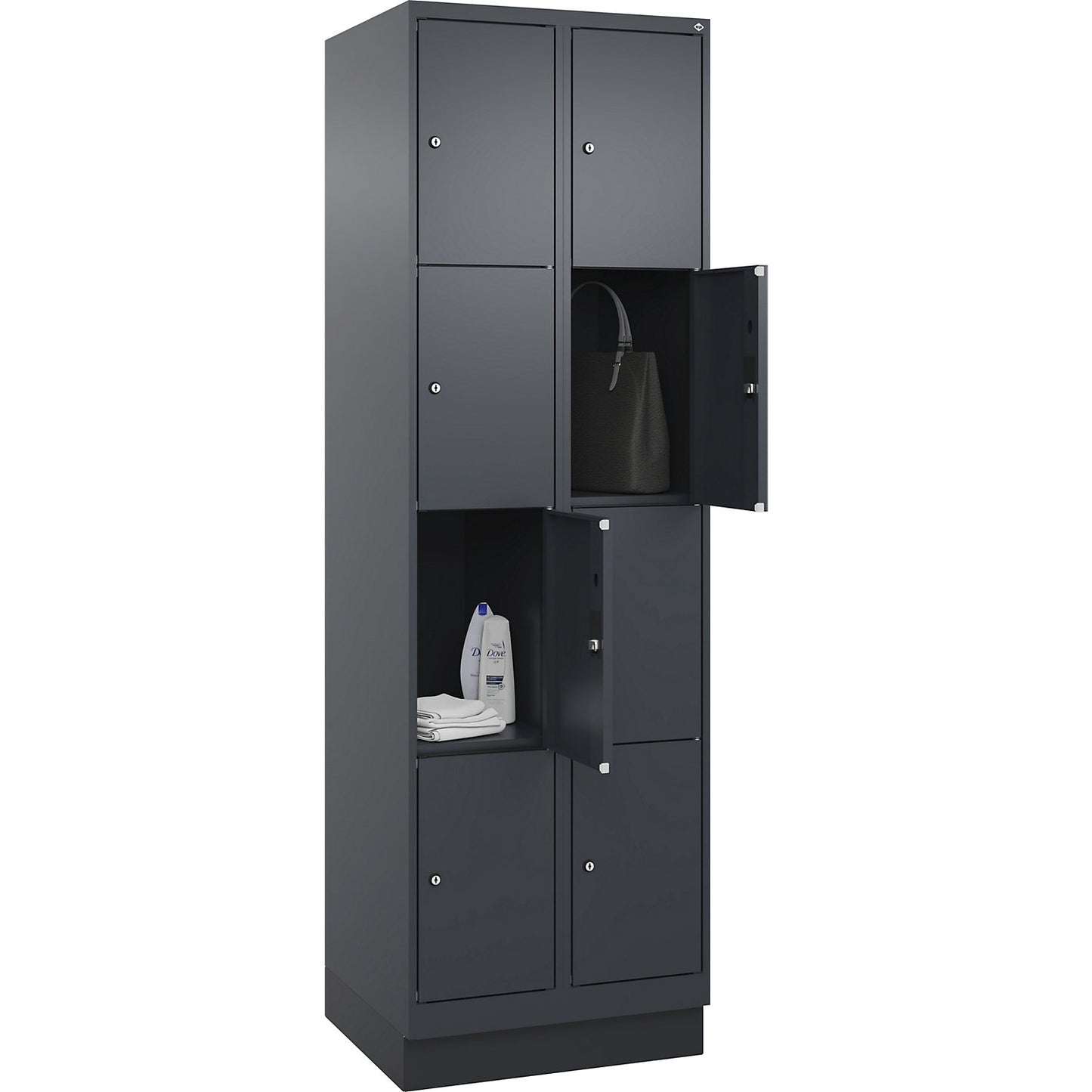 Evolo PLUS 4-fold compartment locker, 2 compartments, grey, W 600 mm, 8 compartments, with base plinth, cylinder lock.