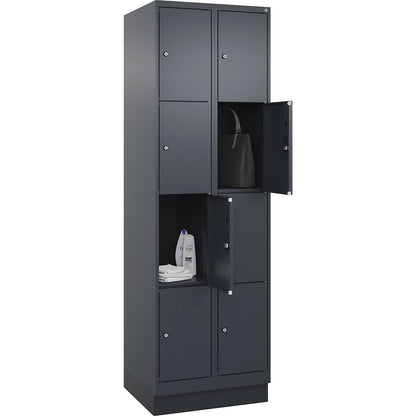 Evolo PLUS 4-fold compartment locker, 2 compartments, grey, W 600 mm, 8 compartments, with base plinth, cylinder lock.