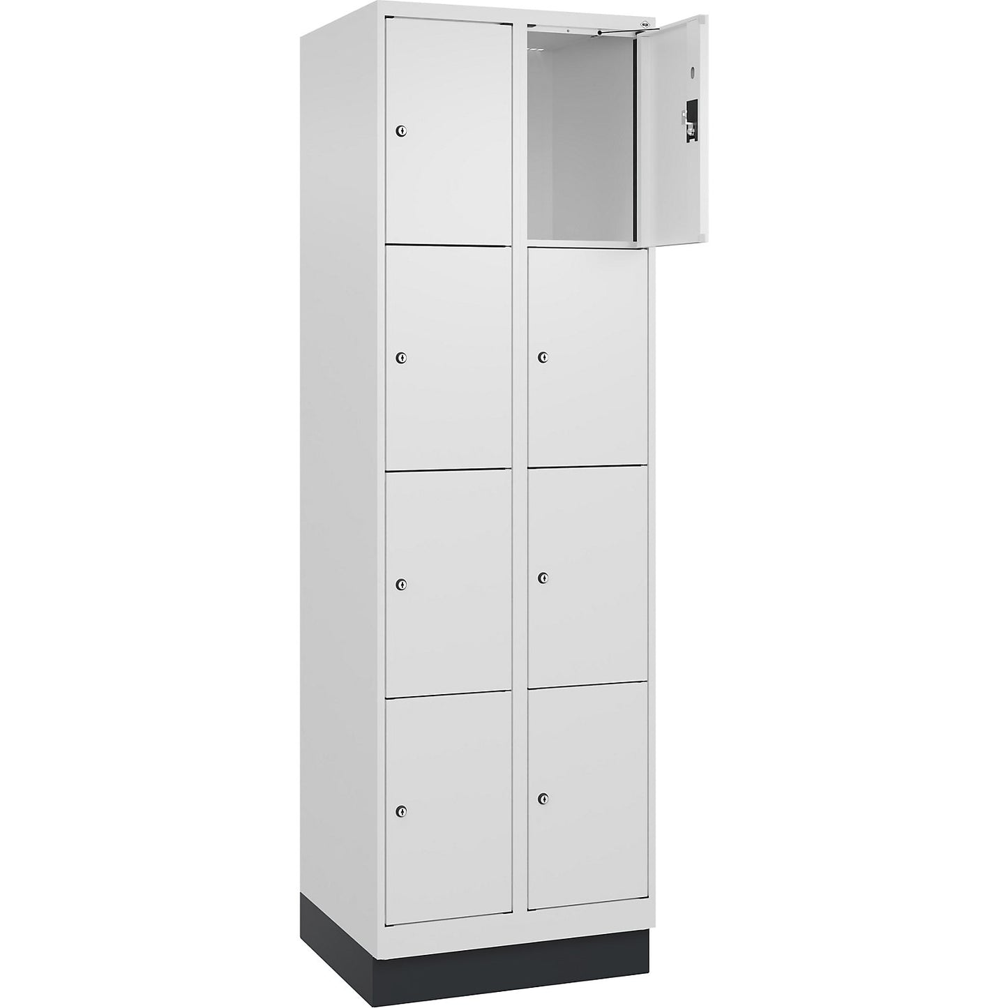 Evolo PLUS 4-fold compartment locker, 2 compartments, white, W 600 mm, 8 compartments, with base plinth, cylinder lock.