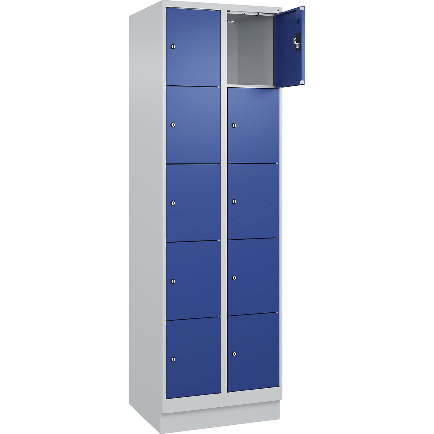 Evolo PLUS 5-fold compartment locker, 2 compartments, light grey / gentian blue, W 600 mm, 10 compartments, with base plinth, cylinder lock.