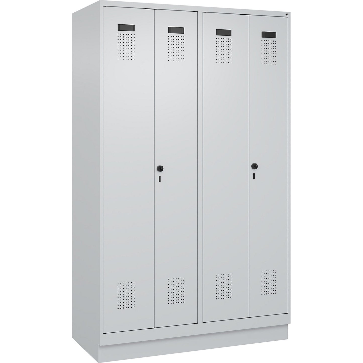 Evolo PLUS clean and dirty locker, 2 compartments, shortened centre divider, light grey, W 1200 mm, with base plinth, security rotary bolt.