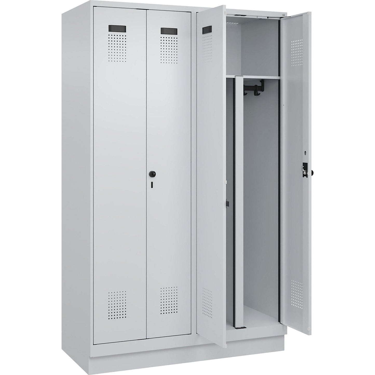 Evolo PLUS clean and dirty locker, 2 compartments, shortened centre divider, light grey, W 1200 mm, with base plinth, security rotary bolt.