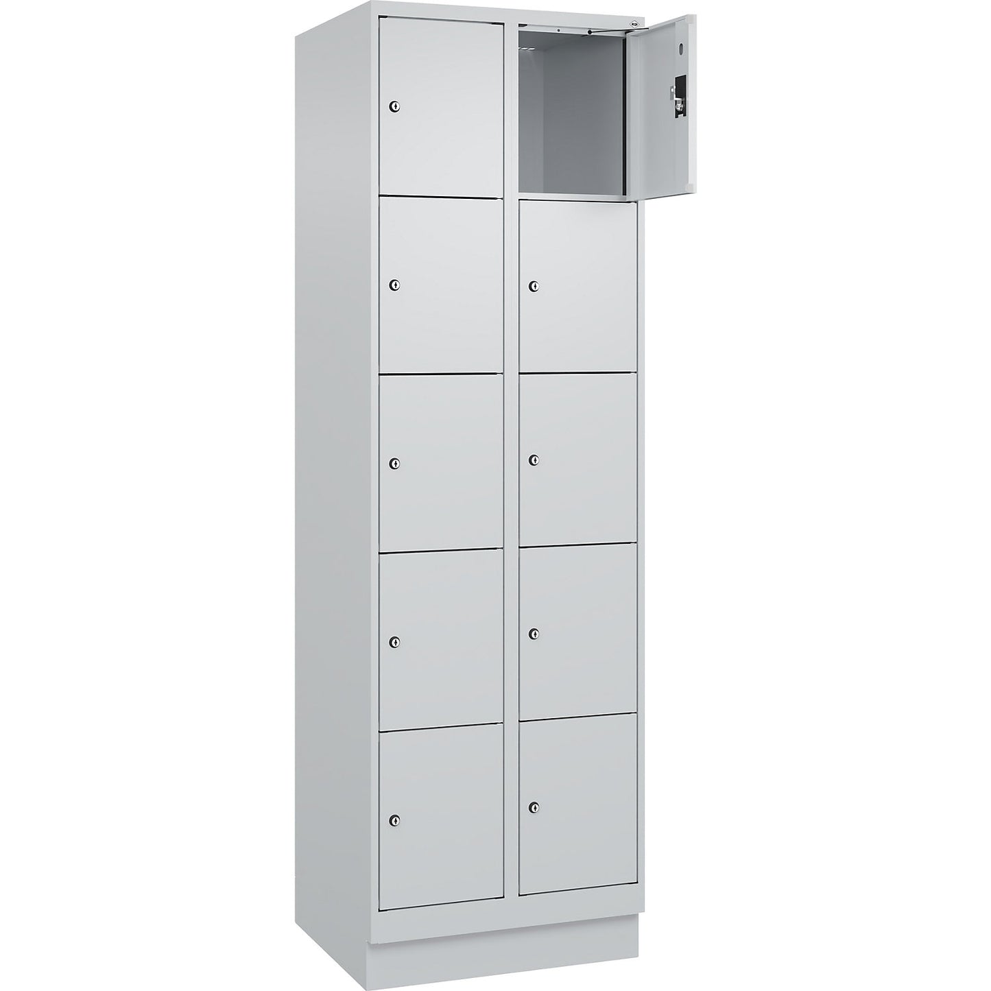 Evolo PLUS 5-fold compartment locker, 2 compartments, light grey, W 600 mm, 10 compartments, with base plinth, cylinder lock.