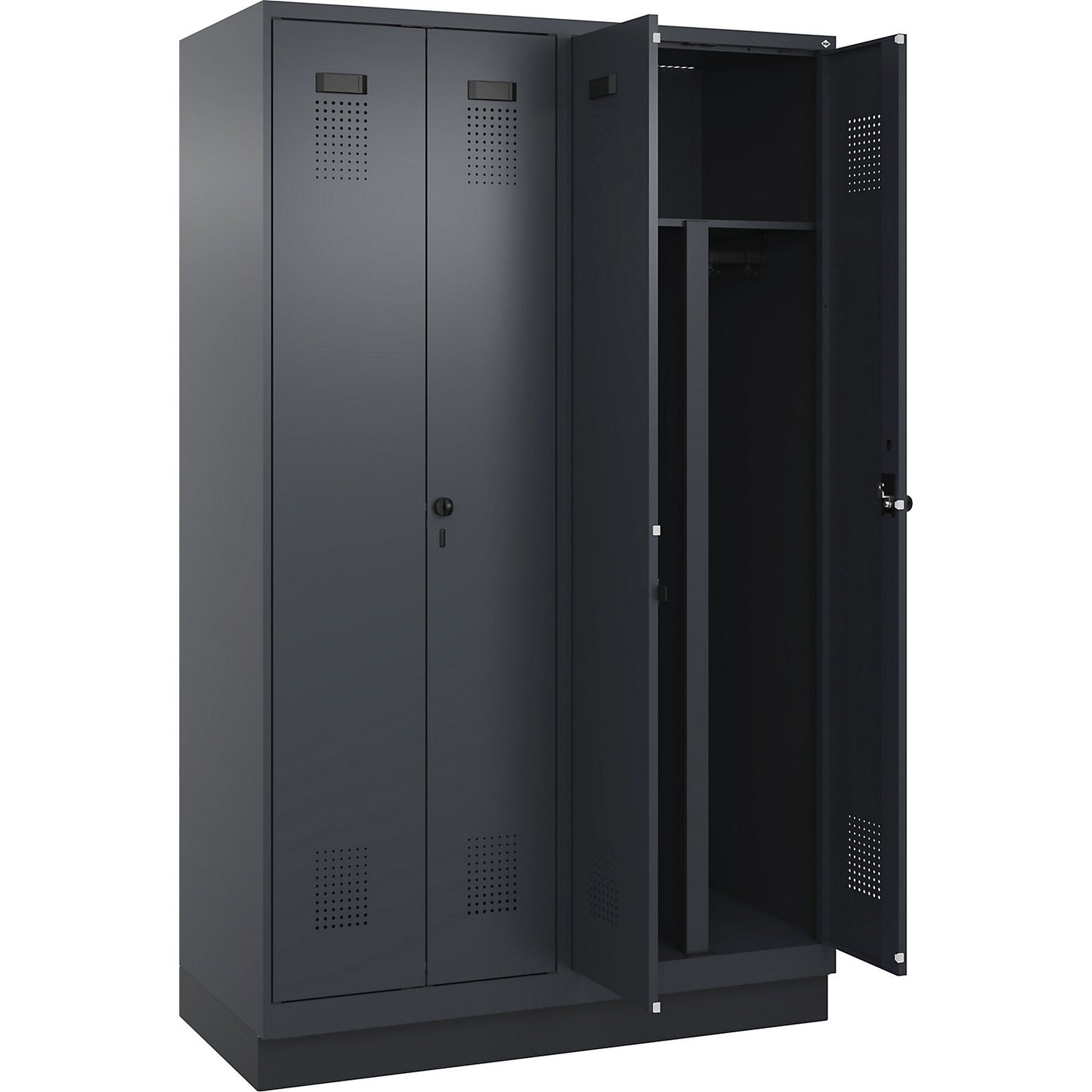 Evolo PLUS clean and dirty locker, 2 compartments, shortened centre divider, grey, W 1200 mm, with base plinth, security rotary bolt.