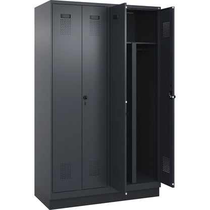 Evolo PLUS clean and dirty locker, 2 compartments, shortened centre divider, grey, W 1200 mm, with base plinth, security rotary bolt.