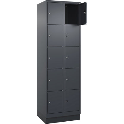 Evolo PLUS 5-fold compartment locker, 2 compartments, grey, W 600 mm, 10 compartments, with base plinth, cylinder lock.