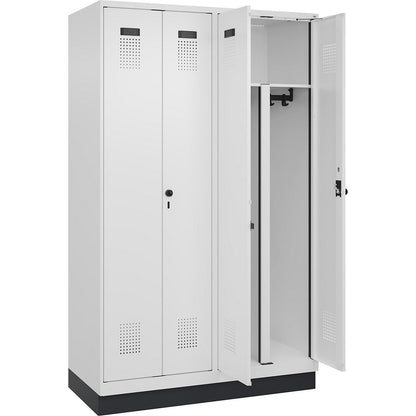 Evolo PLUS clean and dirty locker, 2 compartments, shortened centre divider, white, W 1200 mm, with base plinth, security rotary bolt.