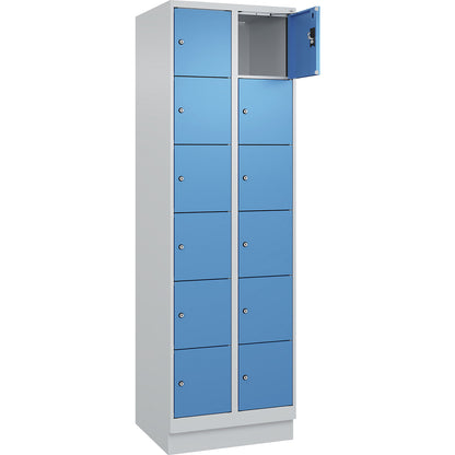Evolo PLUS 6-fold compartment locker, 2 compartments, light grey / light blue, W 600 mm, 12 compartments, with base plinth, cylinder lock.