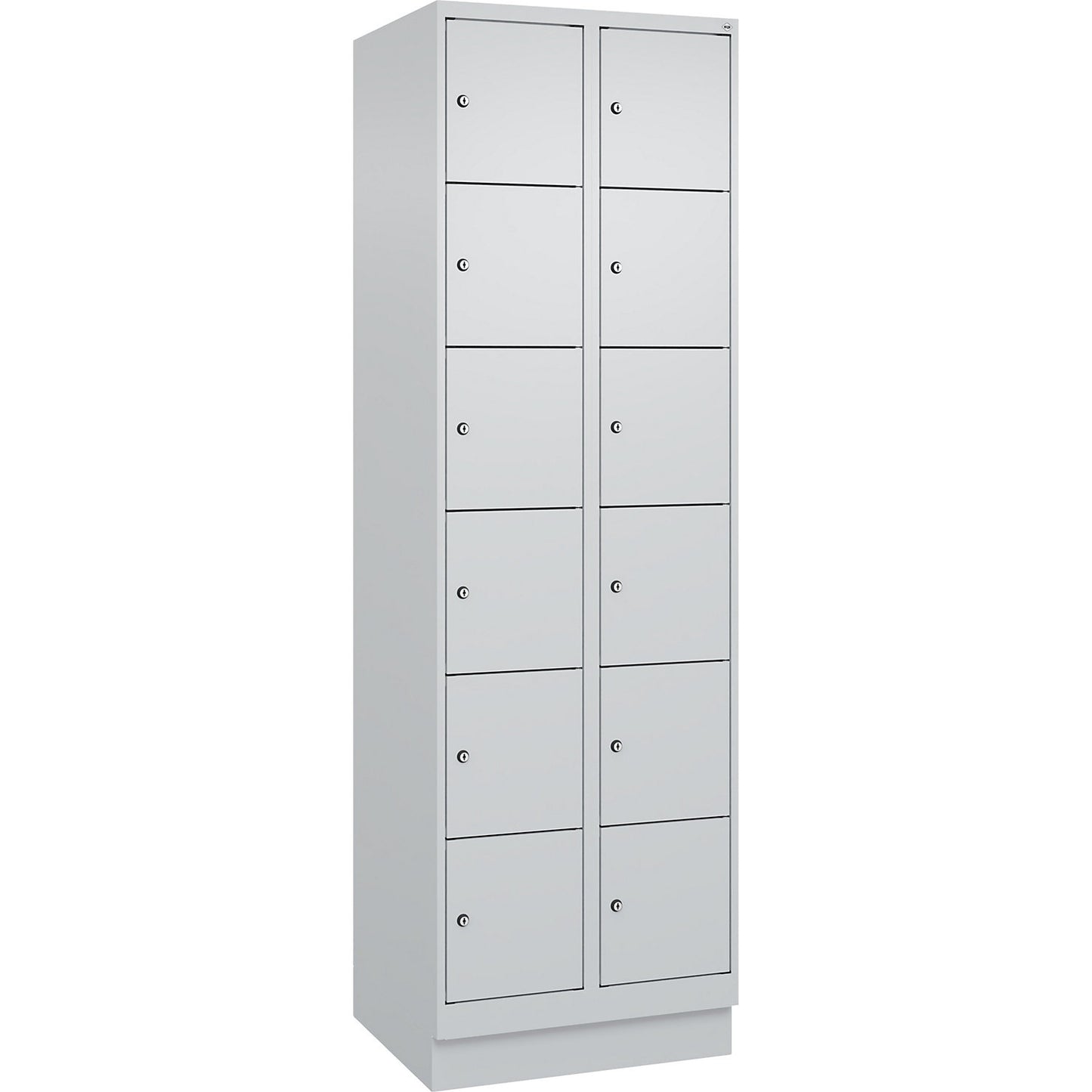 Evolo PLUS 6-fold compartment locker, 2 compartments, light grey, W 600 mm, 12 compartments, with base plinth, cylinder lock.