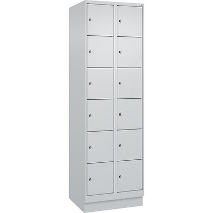 Evolo PLUS 6-fold compartment locker, 2 compartments, light grey, W 600 mm, 12 compartments, with base plinth, cylinder lock.