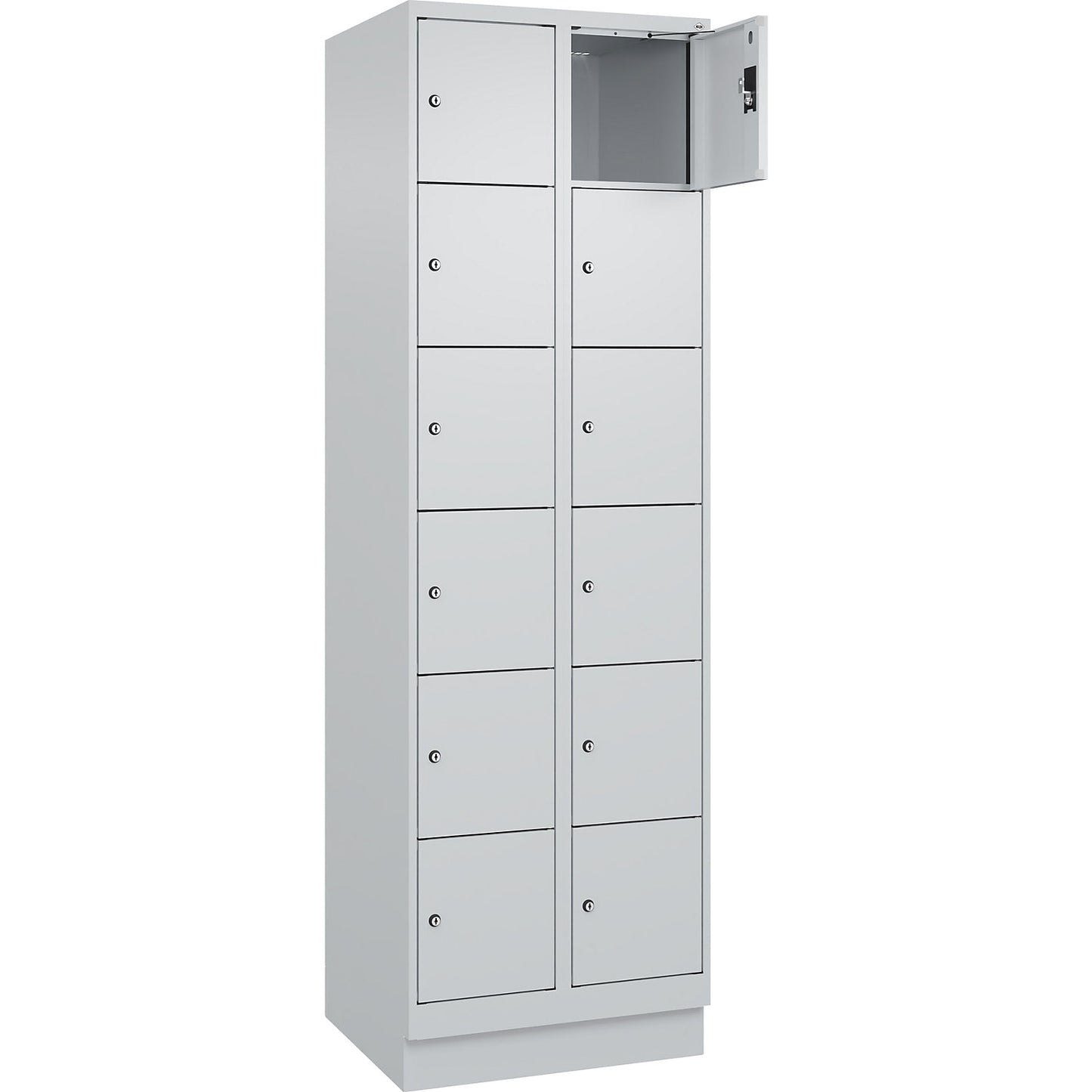 Evolo PLUS 6-fold compartment locker, 2 compartments, light grey, W 600 mm, 12 compartments, with base plinth, cylinder lock.