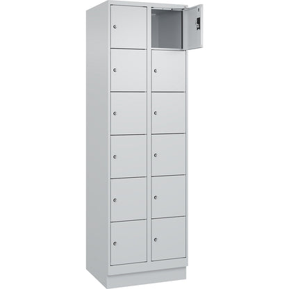Evolo PLUS 6-fold compartment locker, 2 compartments, light grey, W 600 mm, 12 compartments, with base plinth, cylinder lock.