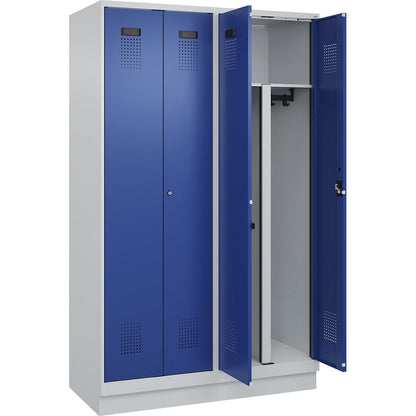 Evolo PLUS clean and dirty locker, 2 compartments, shortened centre divider, light grey / gentian blue, W 1200 mm, with base plinth, cylinder lock.