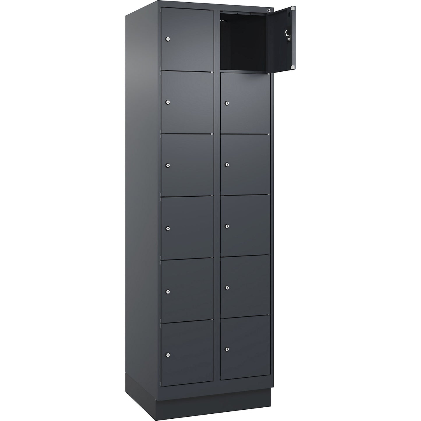 Evolo PLUS 6-fold compartment locker, 2 compartments, grey, W 600 mm, 12 compartments, with base plinth, cylinder lock.