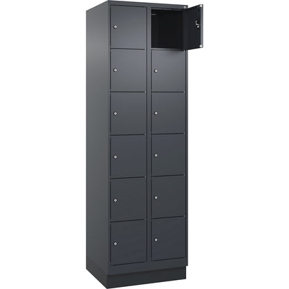 Evolo PLUS 6-fold compartment locker, 2 compartments, grey, W 600 mm, 12 compartments, with base plinth, cylinder lock.